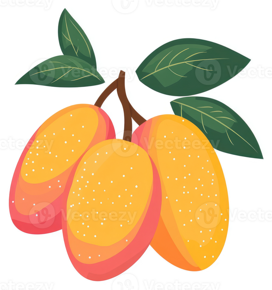 A cluster of ripe mangoes with vibrant green leaves. png