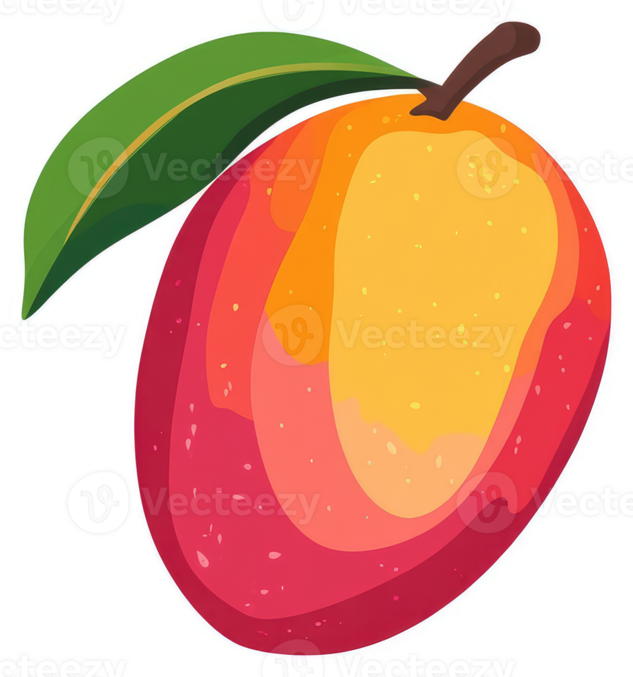 A vibrant illustration of a ripe mango with a green leaf. png