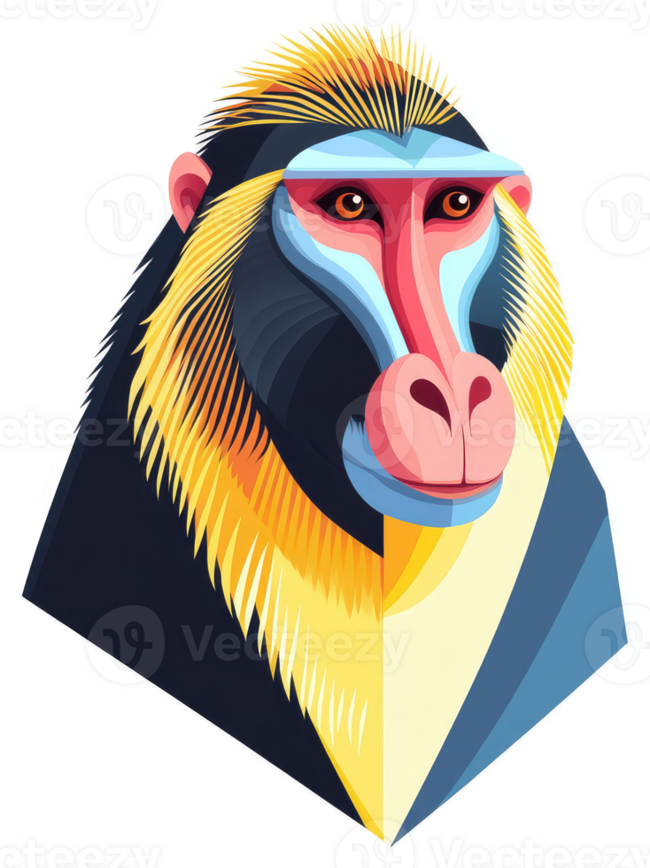 A colorful illustration of a mandrill's expressive face. png