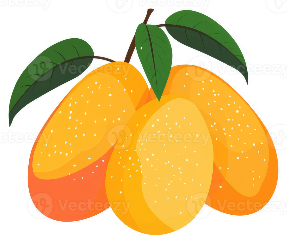 Three ripe mangoes on a branch with green leaves. png