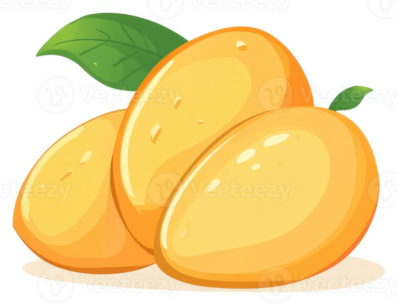Three ripe mangoes with a vibrant green leaf. png
