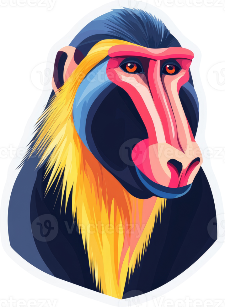 A vibrant illustration of a colorful baboon portrait. png