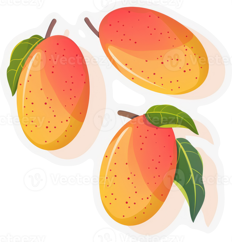 Three vibrant ripe mangoes with leaves. png