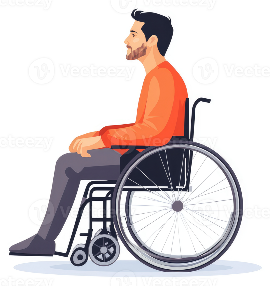A man seated in a wheelchair, profile view. png