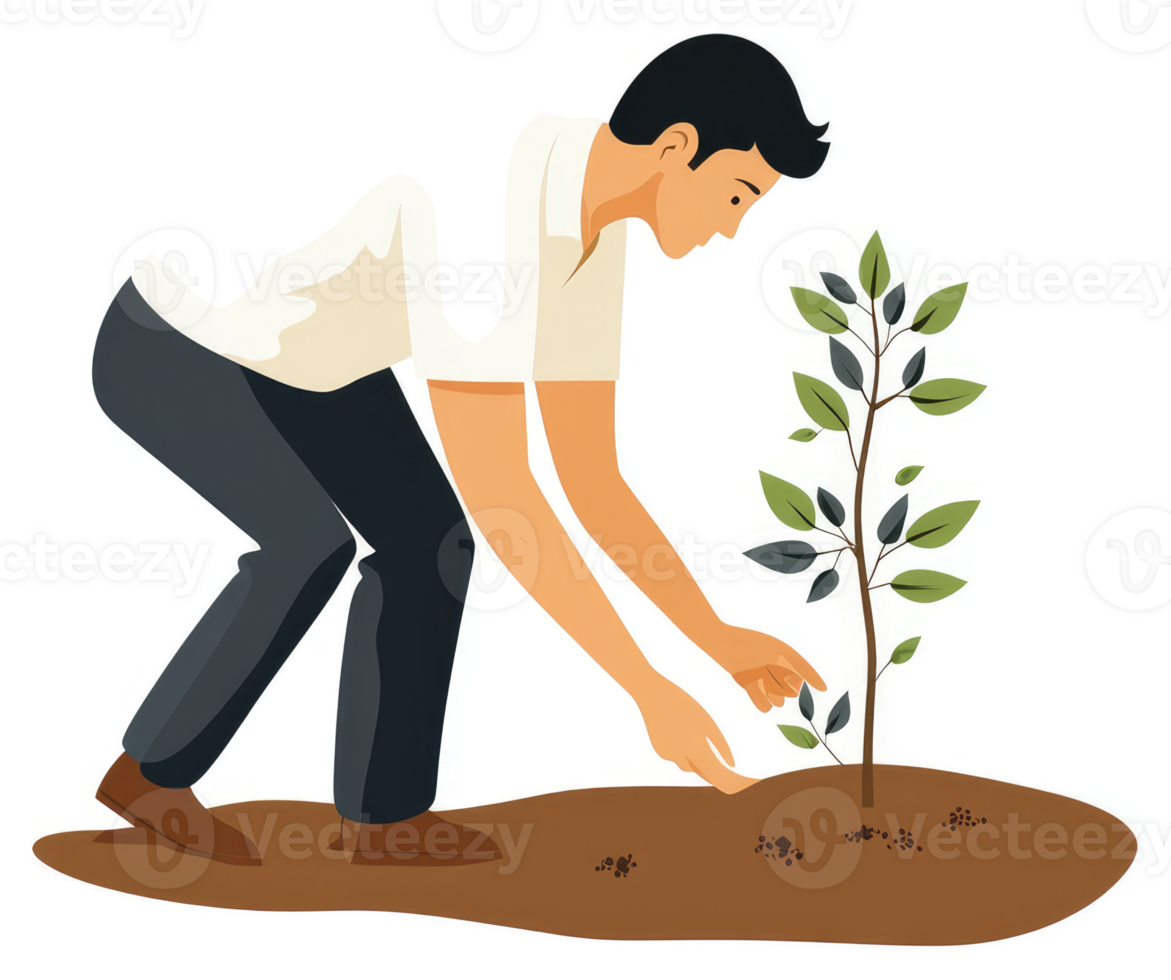 A person carefully plants a young sapling in the earth. png
