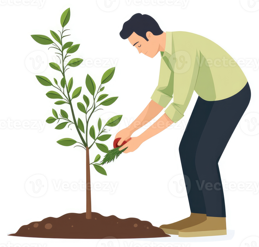 A man carefully removes unwanted growth from a young tree. png