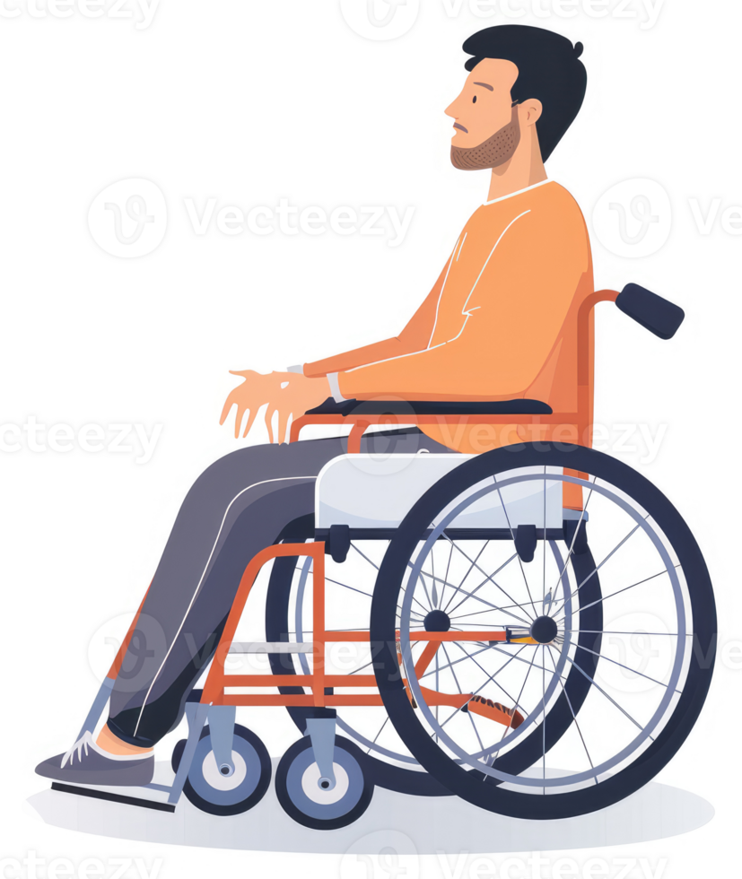 A man in an orange wheelchair, thoughtful and contemplative. png