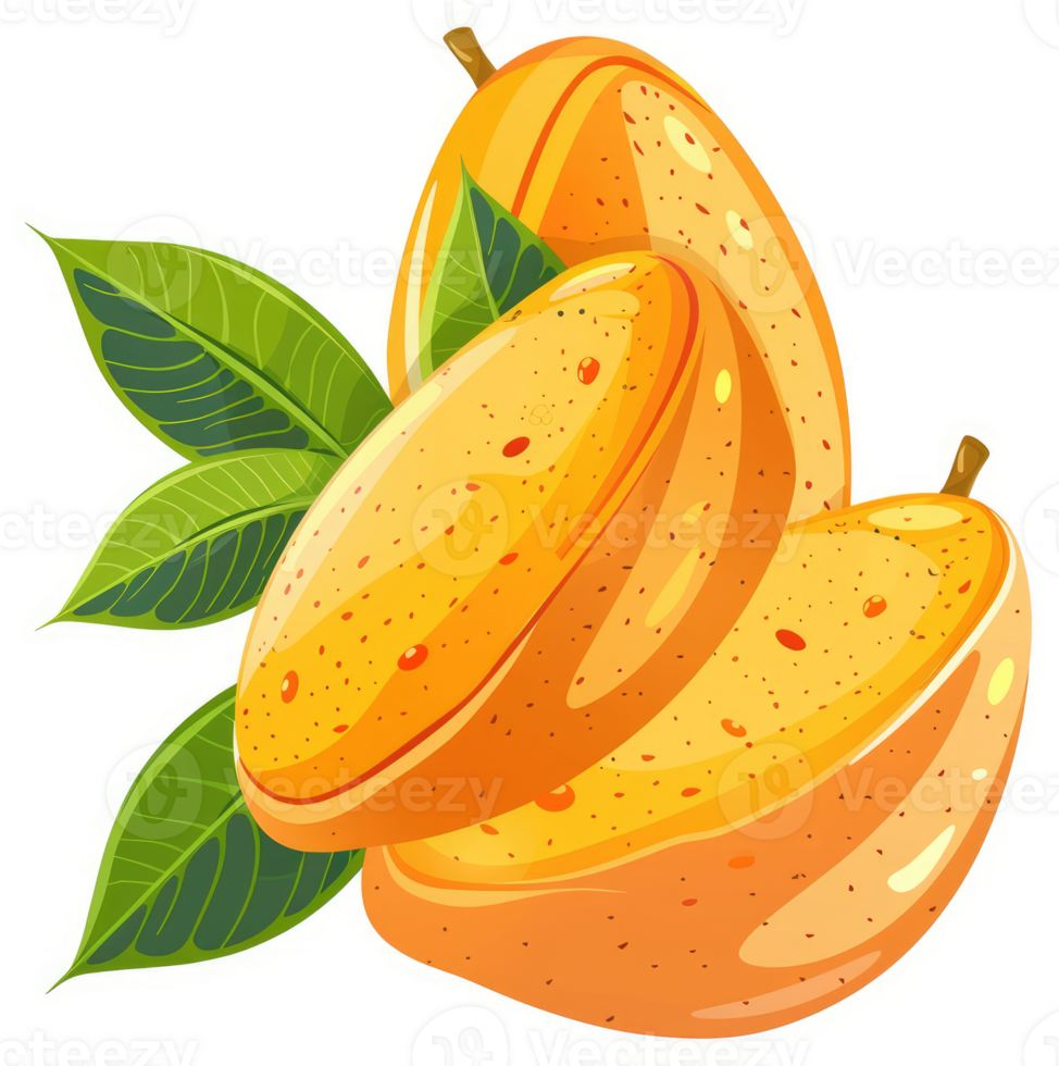 Ripe mango slices with vibrant green leaves. png
