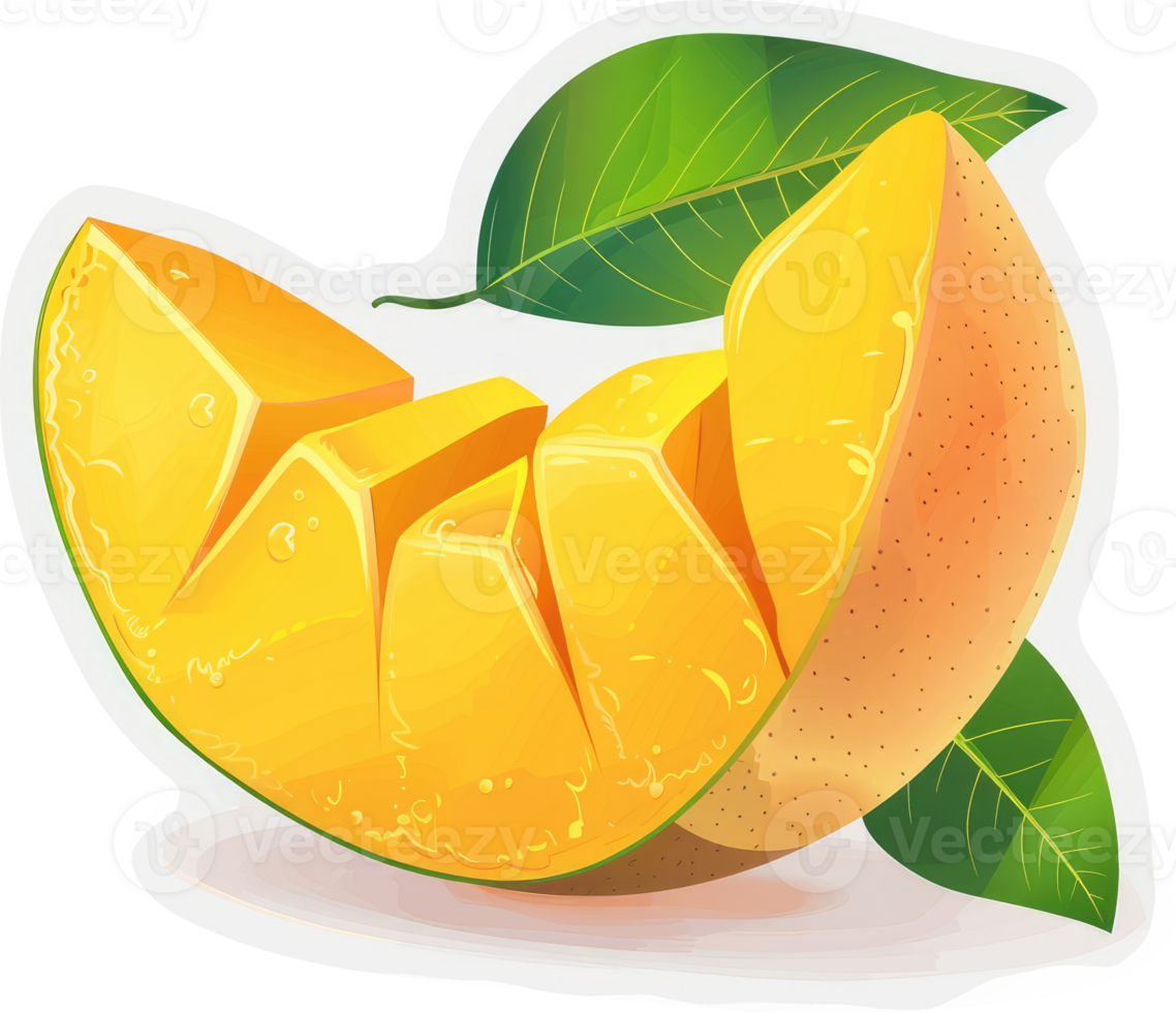 A vibrant, sliced mango with tropical leaves. png