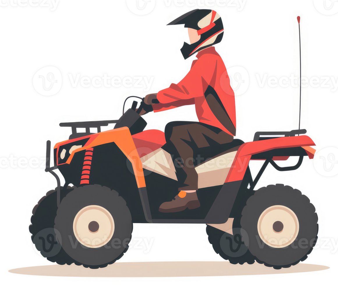 A person in protective gear riding an orange and red all-terrain vehicle. png