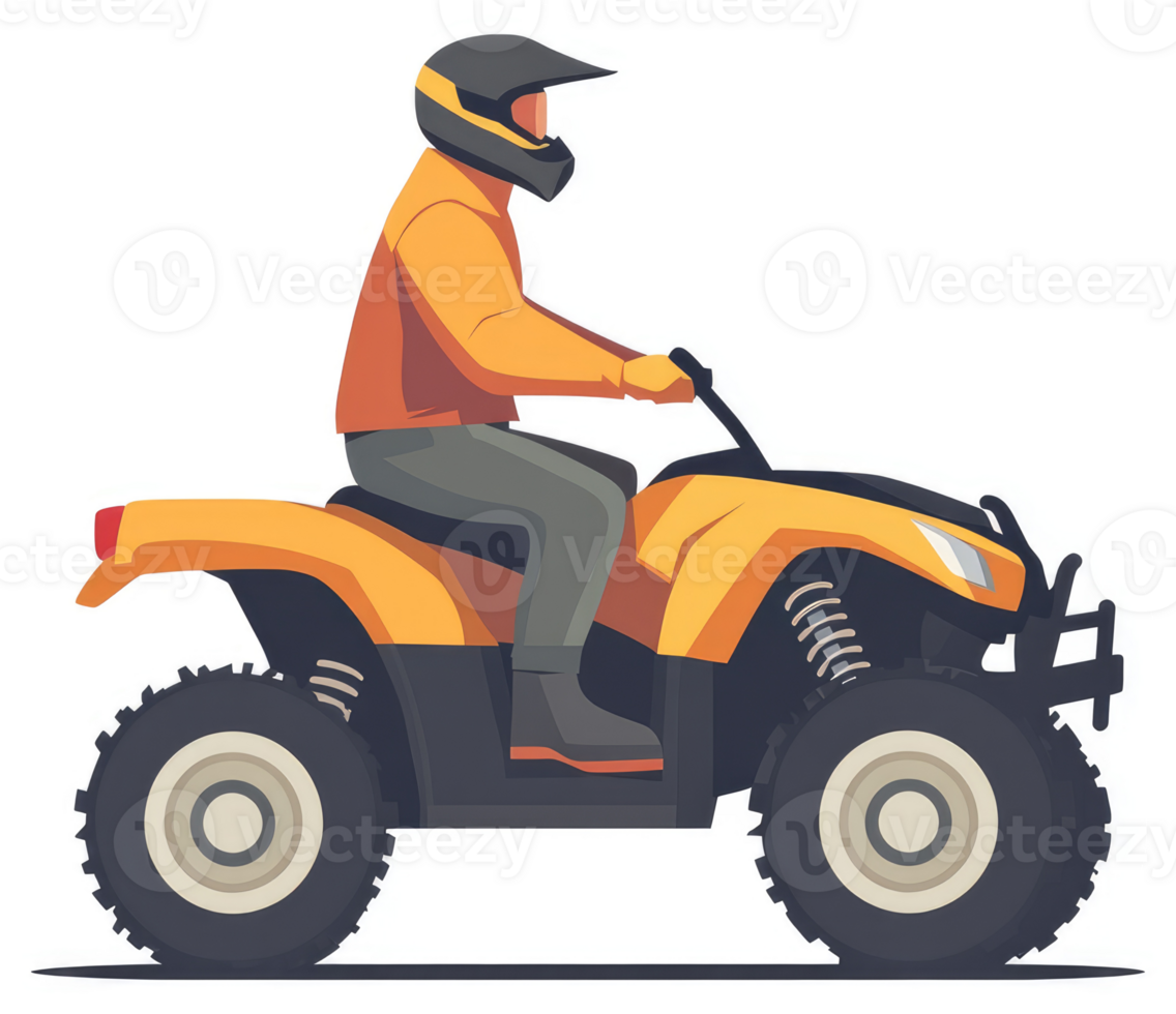 A person riding an orange all-terrain vehicle. png