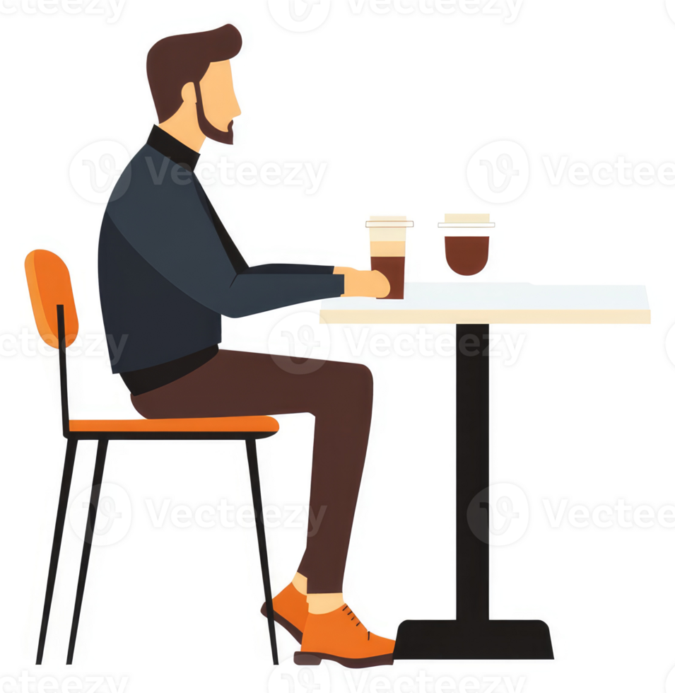 A man seated at a cafe table enjoying a coffee break. png