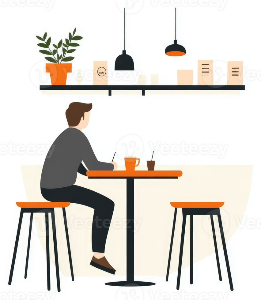 A man working at a cafe table, enjoying a coffee break. png