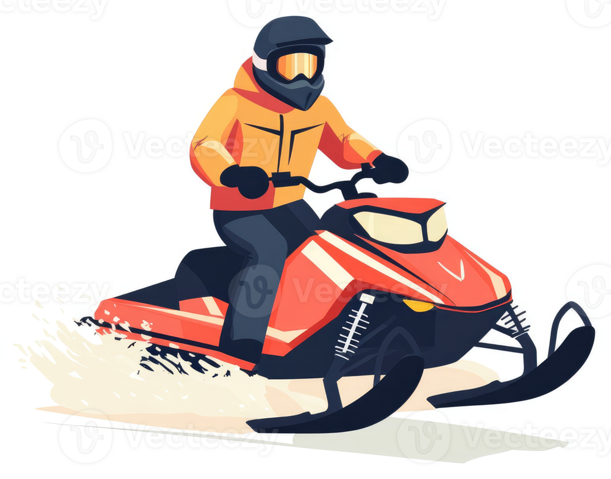 A person in winter gear riding a red snowmobile through snow. png