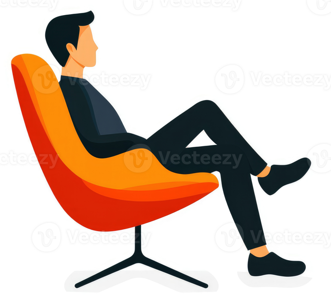 A person relaxing in an orange modern armchair. png