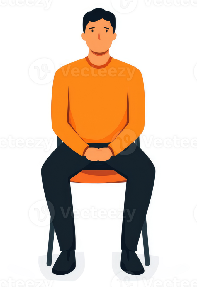 A man seated in an orange chair, hands clasped in his lap. png