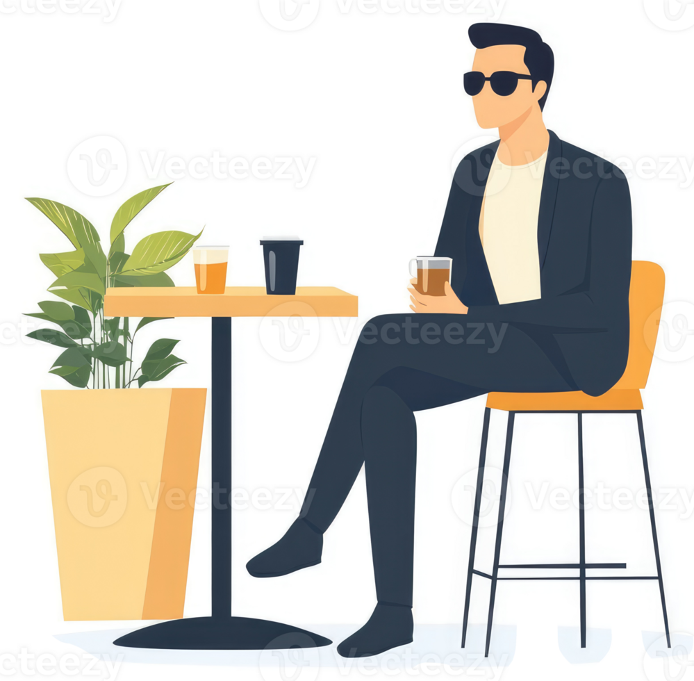 A businessman enjoys a coffee break at an outdoor cafe. png