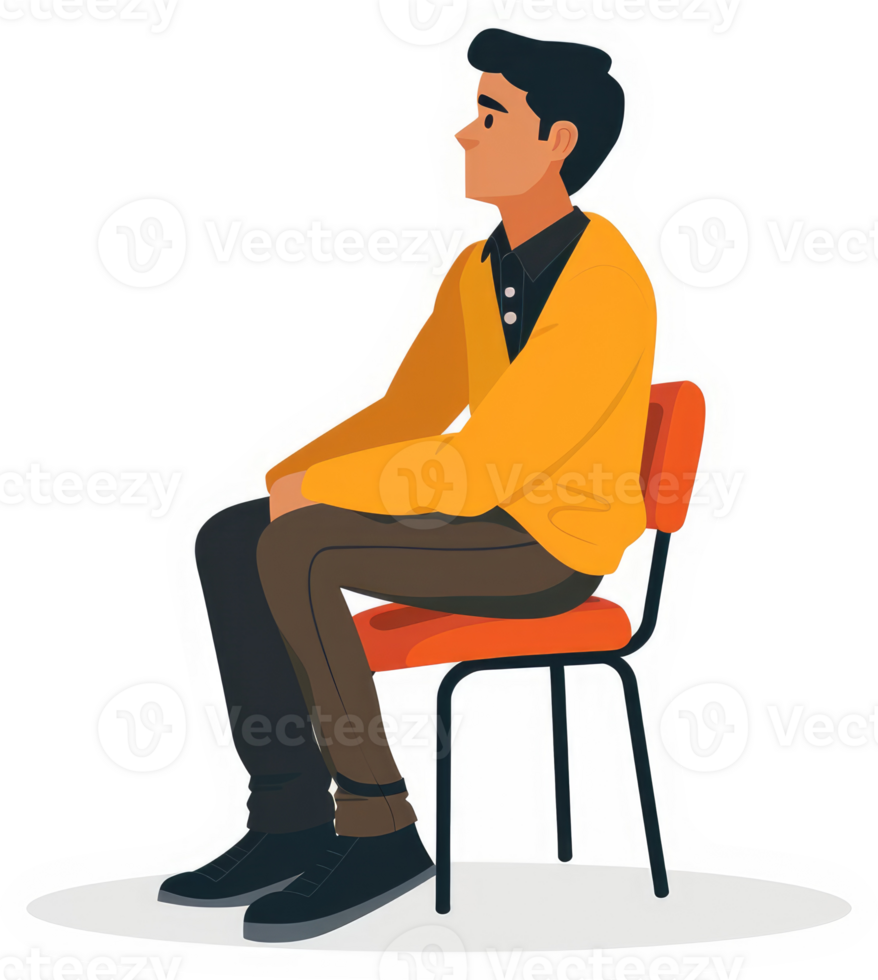 A man seated in a chair, looking thoughtfully ahead. png