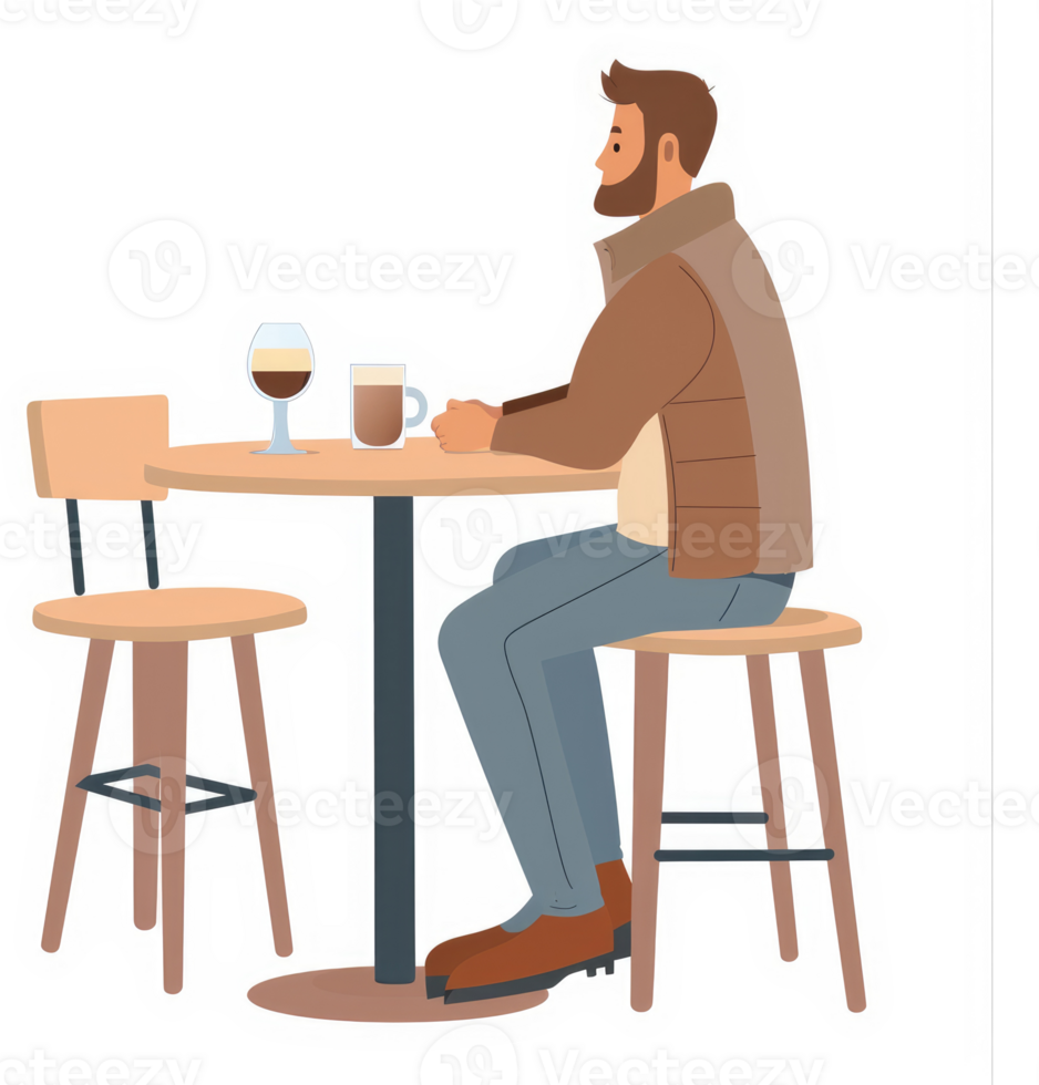 A man sits at a cafe table, enjoying a coffee drink. png