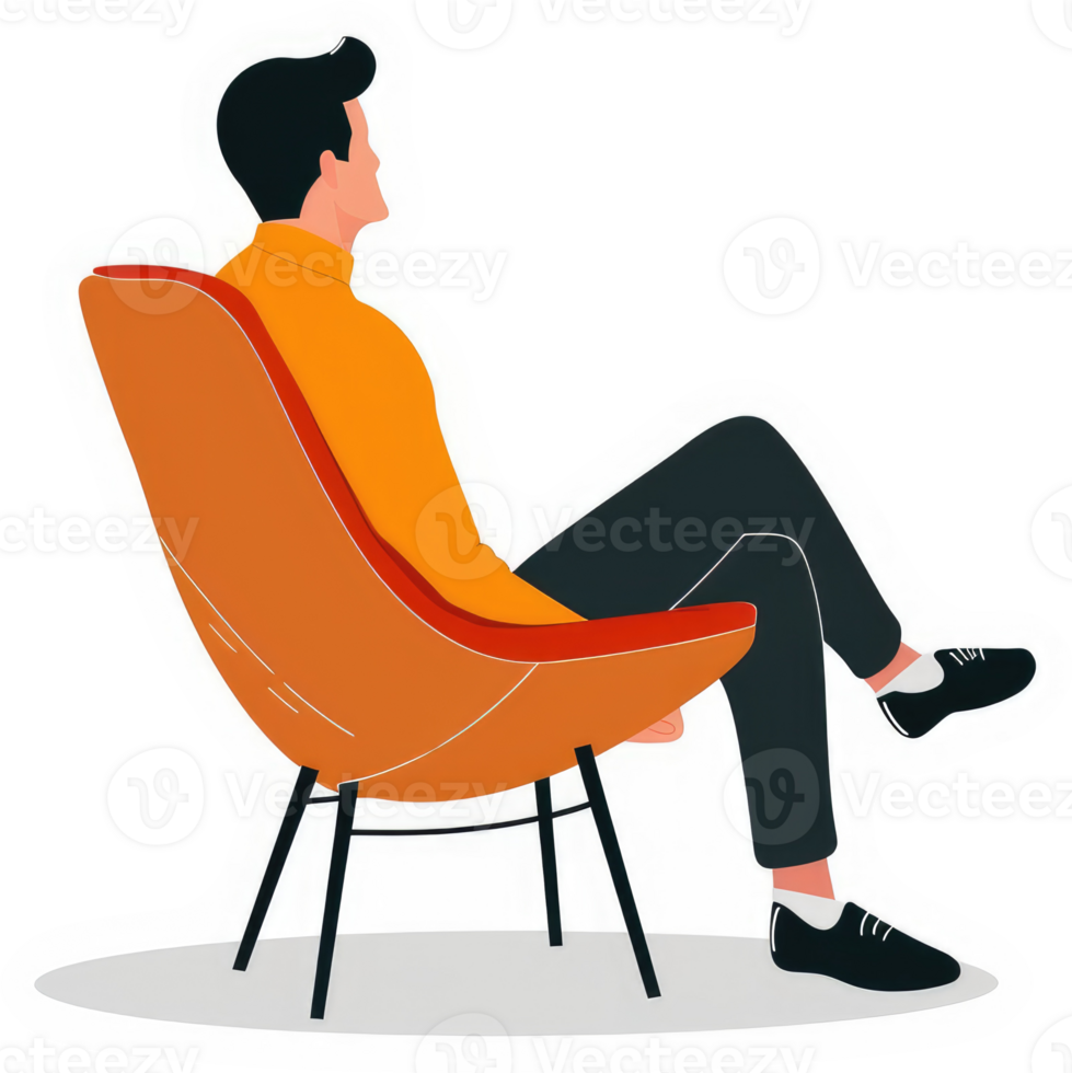 A person relaxing in an orange chair, looking thoughtfully ahead. png