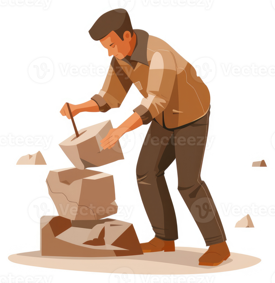 A stonemason carefully arranges and shapes large stones. png