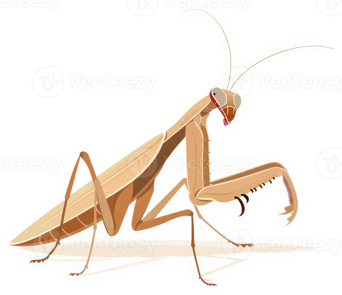 A detailed illustration of a light brown praying mantis. png