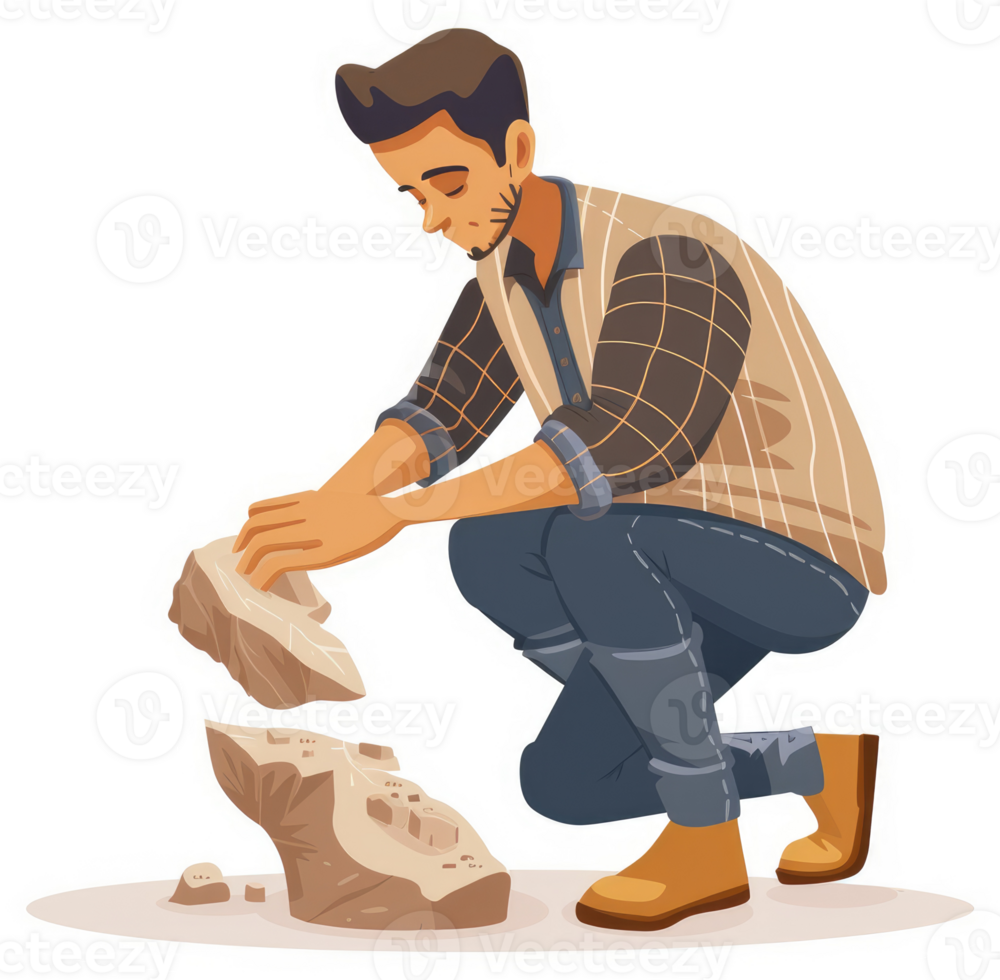 A man meticulously examines a large rock, studying its structure. png