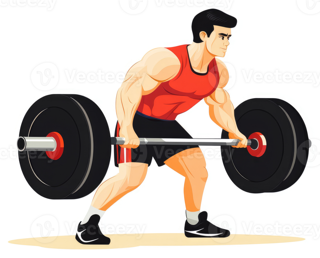 A strong man lifting a heavy barbell in a powerful weightlifting pose. png