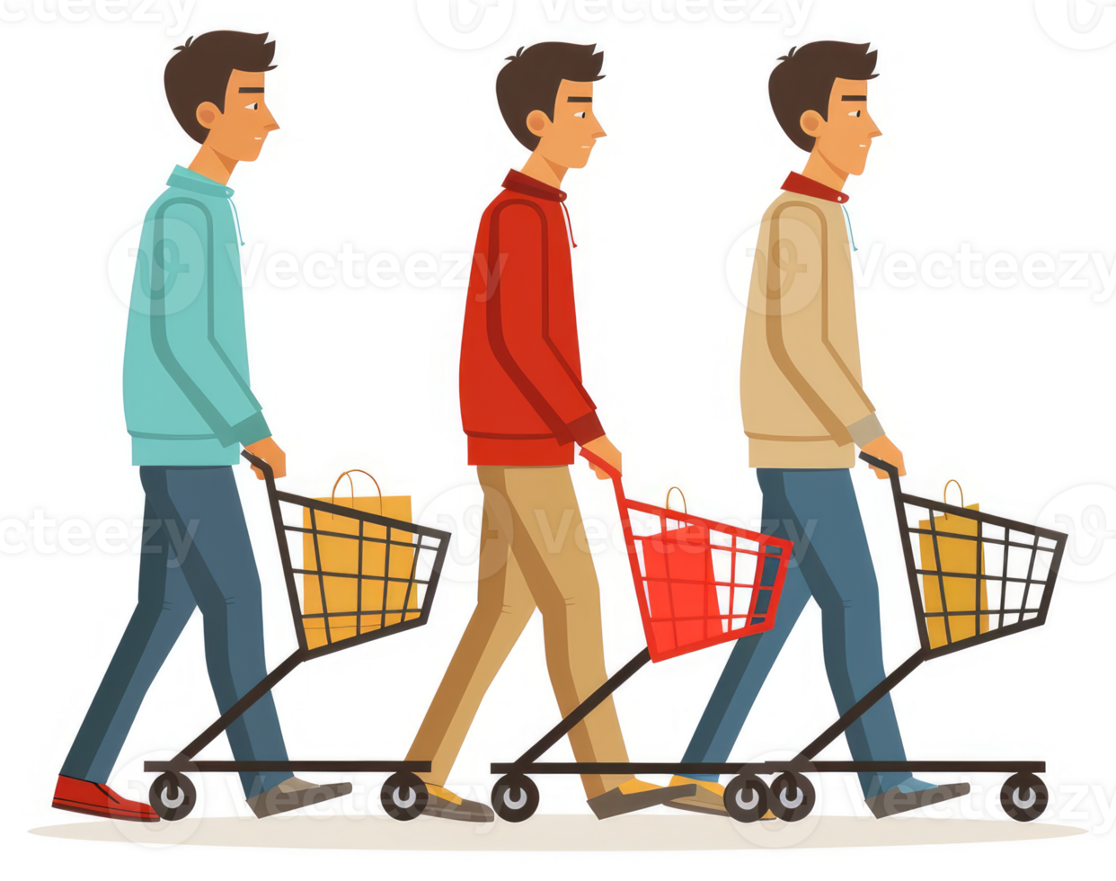 Three men pushing shopping carts in a line at a grocery store. png