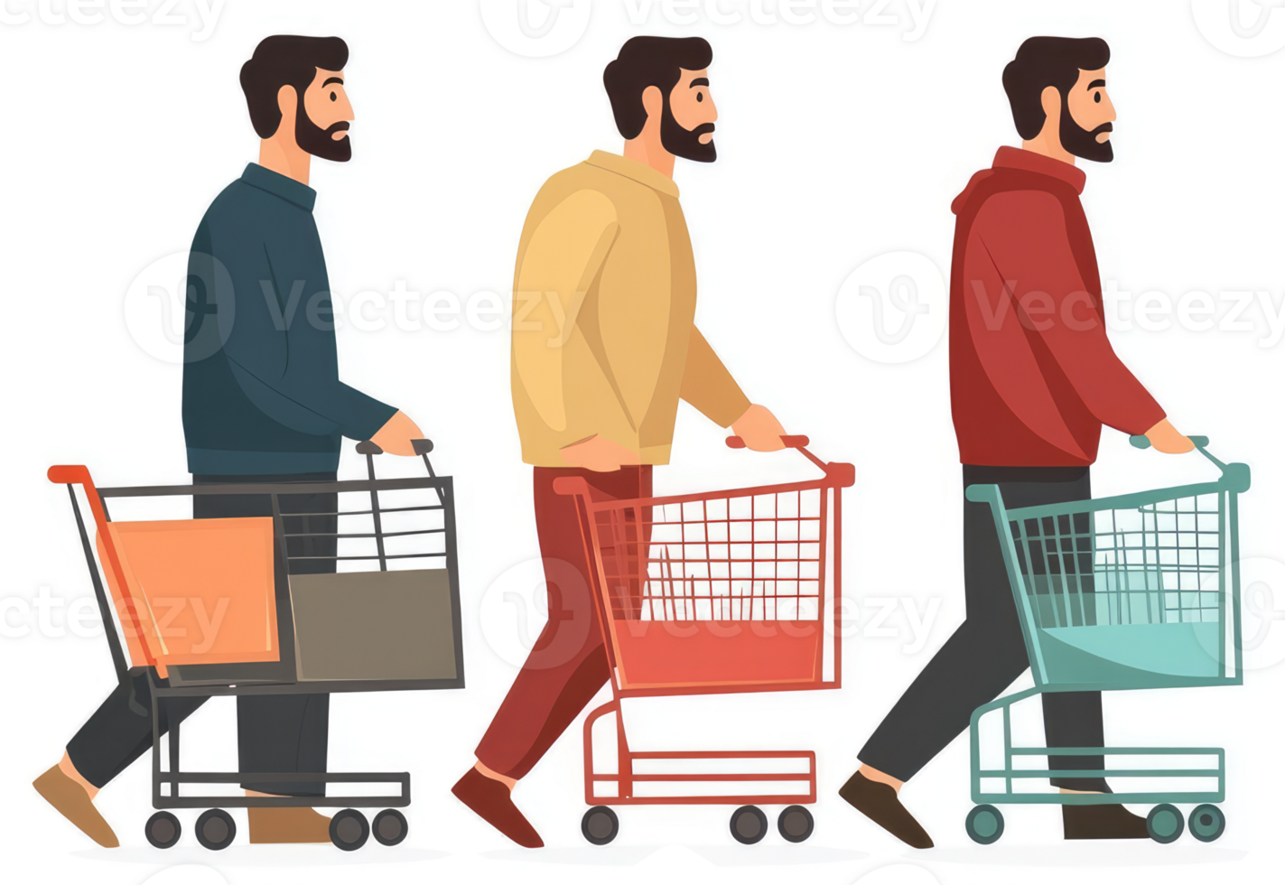 Three people pushing shopping carts in a line. png