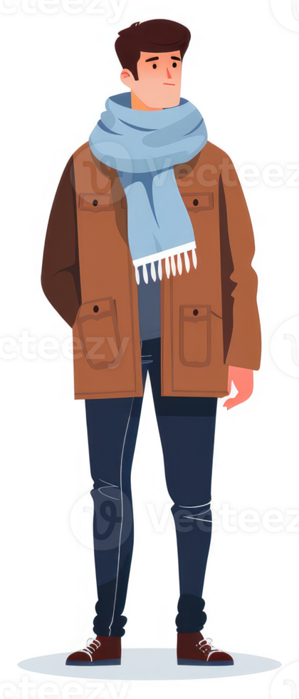 A man in a brown winter coat, blue scarf, and dark pants. png