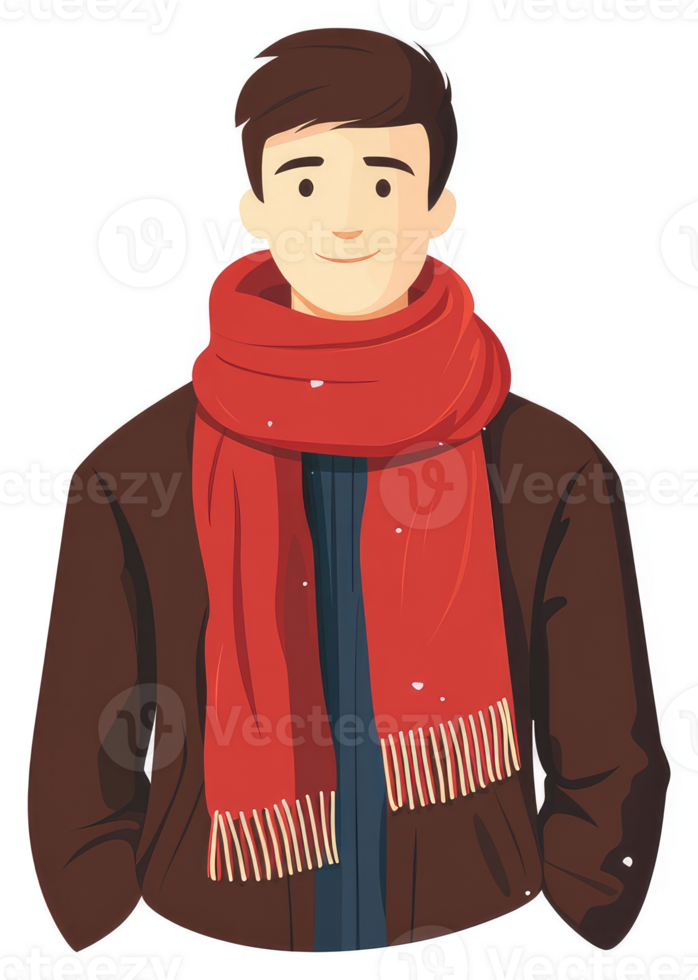 A young man wearing a warm red scarf and brown jacket in winter. png