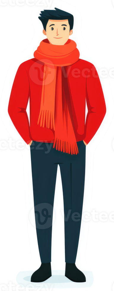 A cheerful man in a warm red sweater and orange scarf. png
