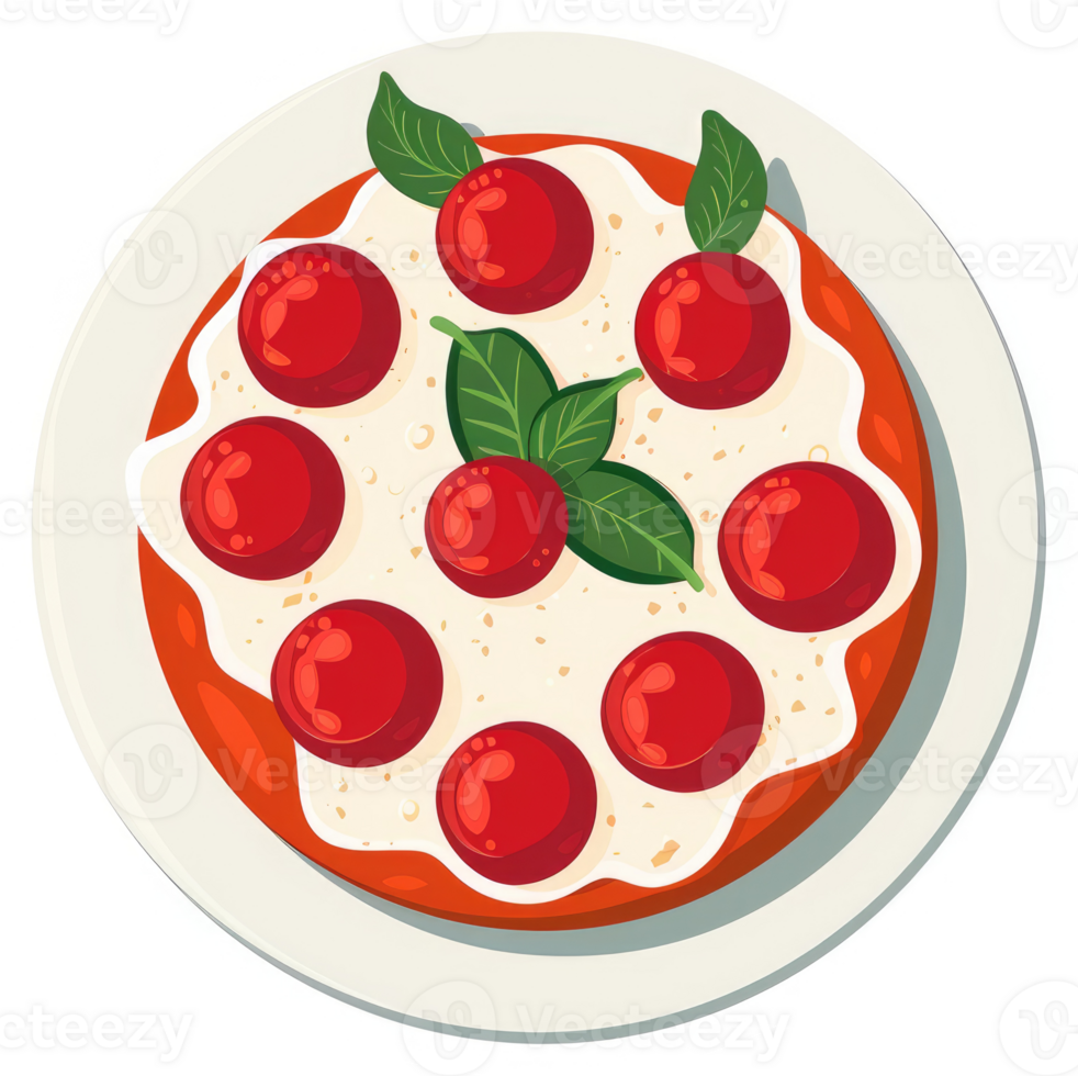 A round pizza topped with red cherry tomatoes and basil leaves. png