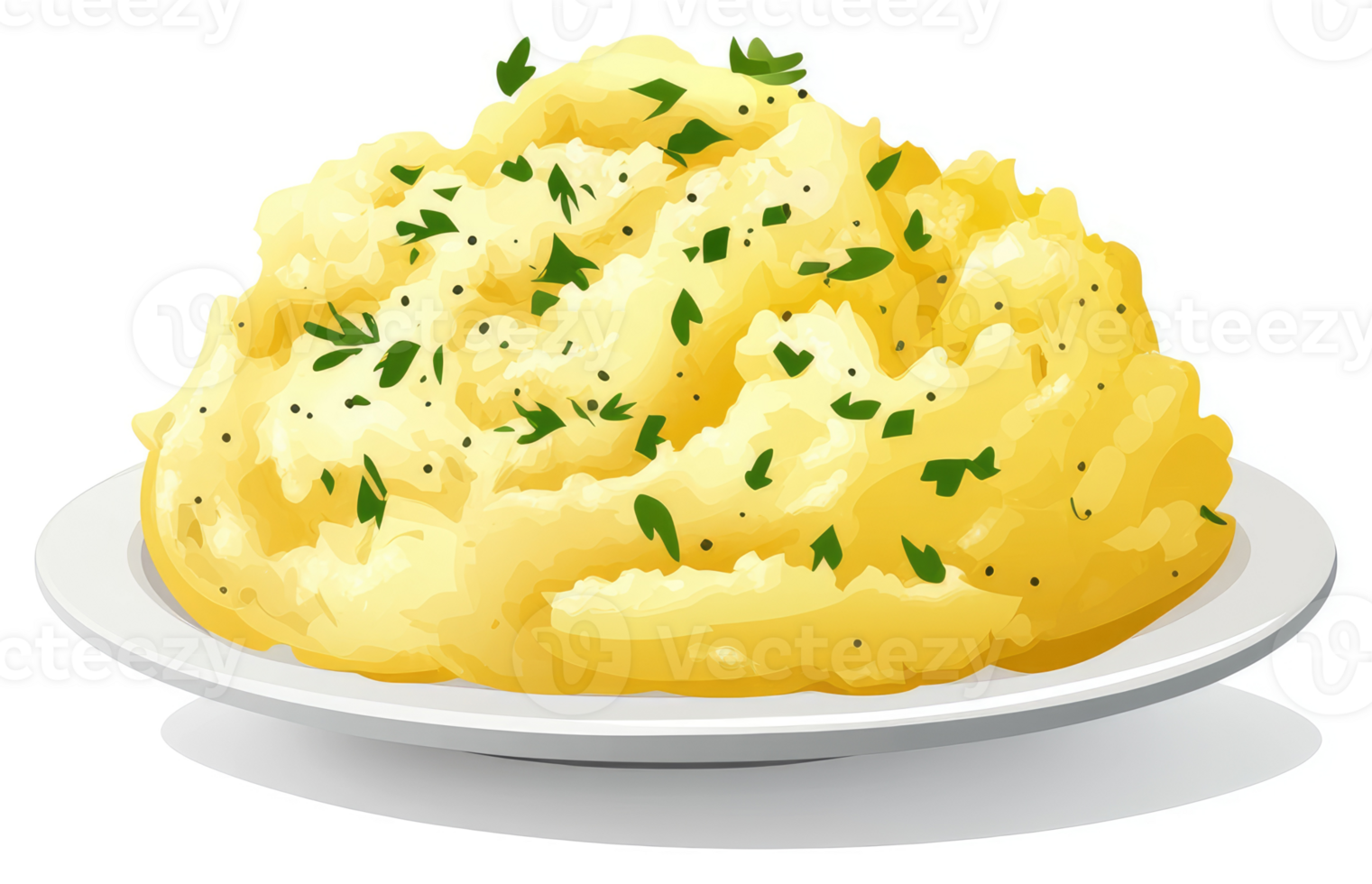 A generous helping of creamy mashed potatoes garnished with fresh herbs. png