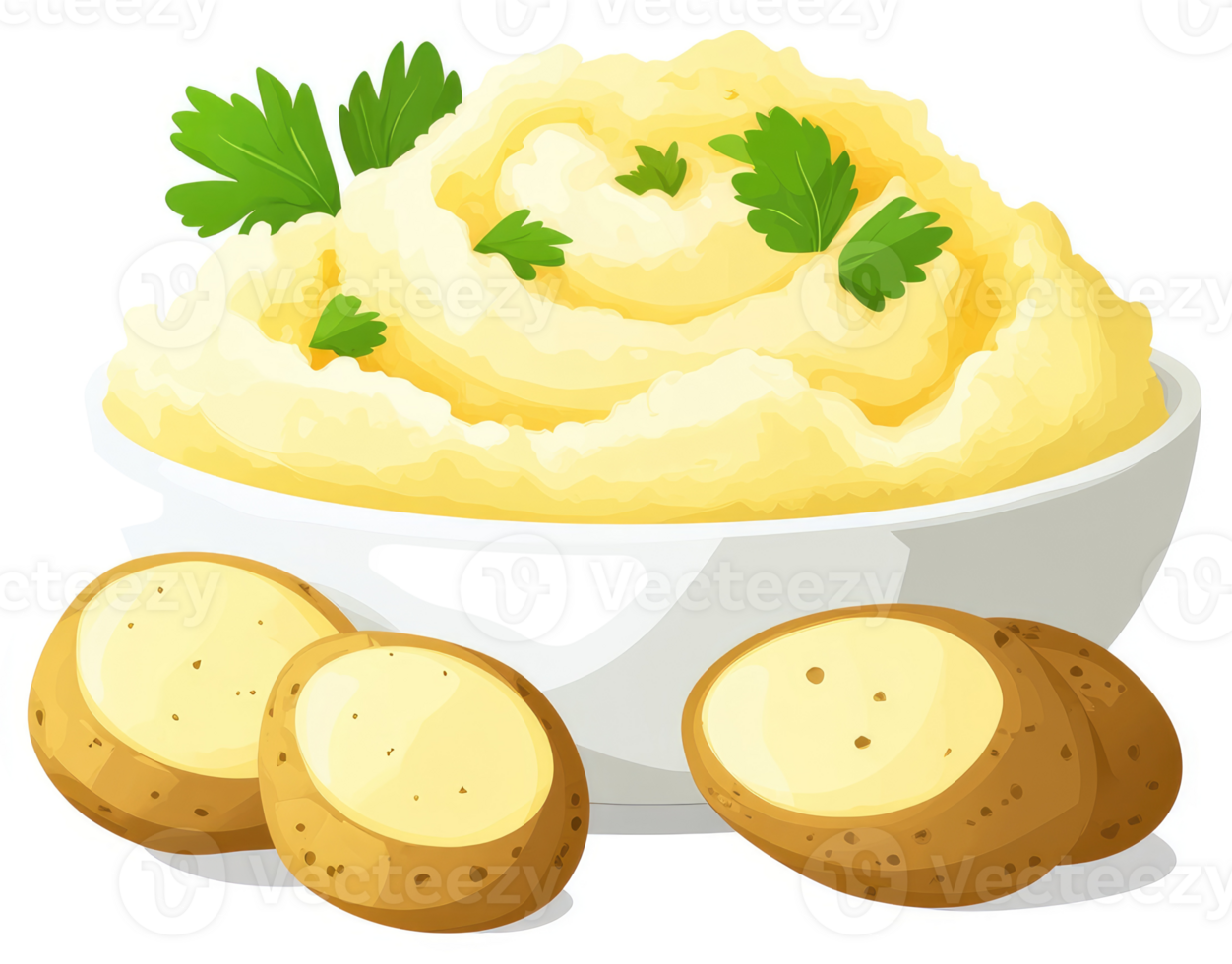 Creamy mashed potatoes in a white bowl with potato slices. png