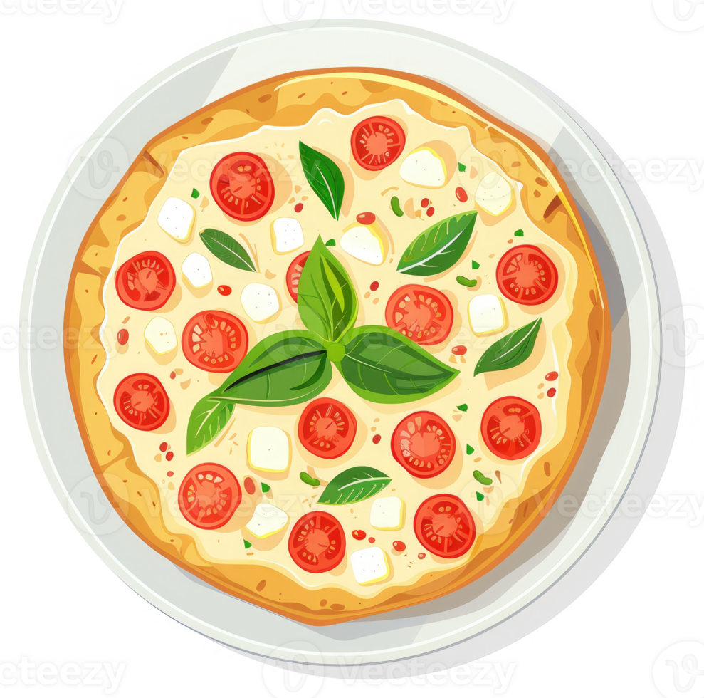 A delectable pizza topped with fresh basil, cherry tomatoes, and cheese. png