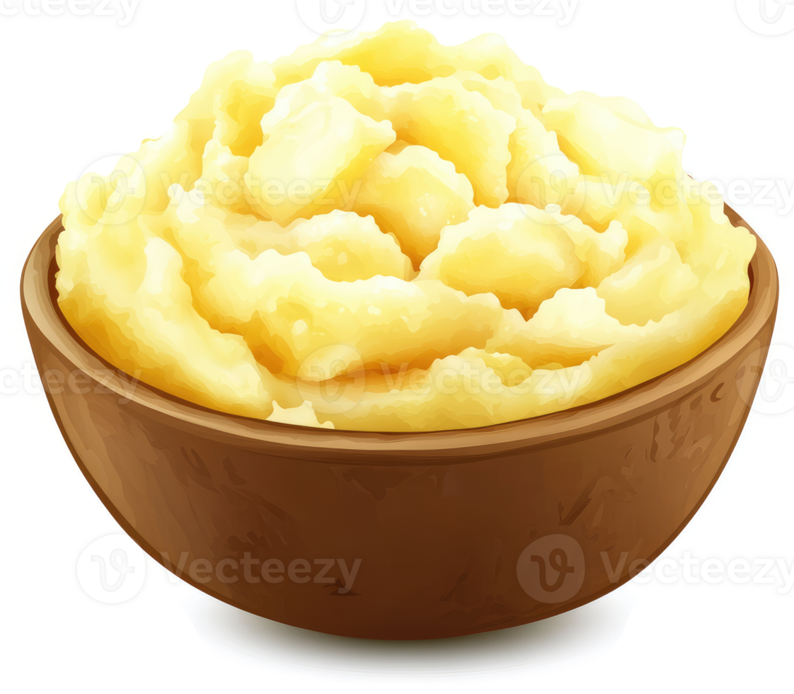 Creamy mashed potatoes in a wooden bowl. png
