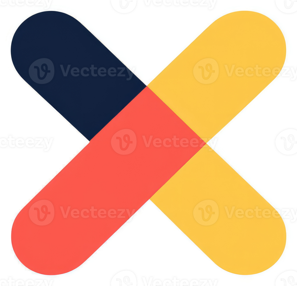 A colorful abstract design with intersecting, curved shapes in red, yellow, and navy blue. png