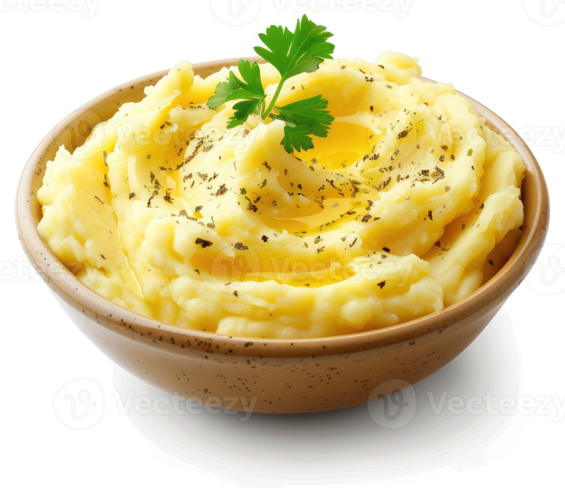 Creamy, buttered mashed potatoes in a bowl. png