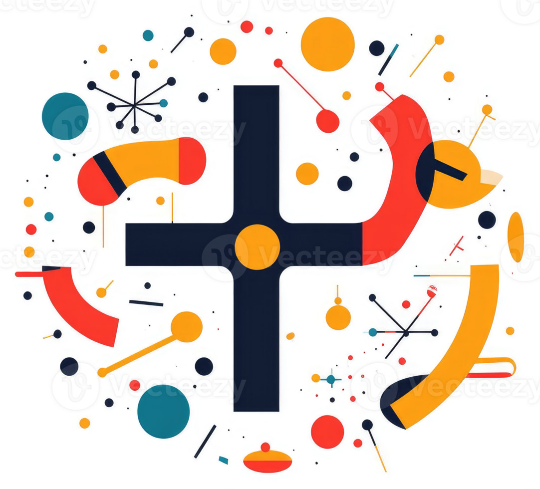 A vibrant, abstract design featuring a plus sign surrounded by geometric shapes and dots. png