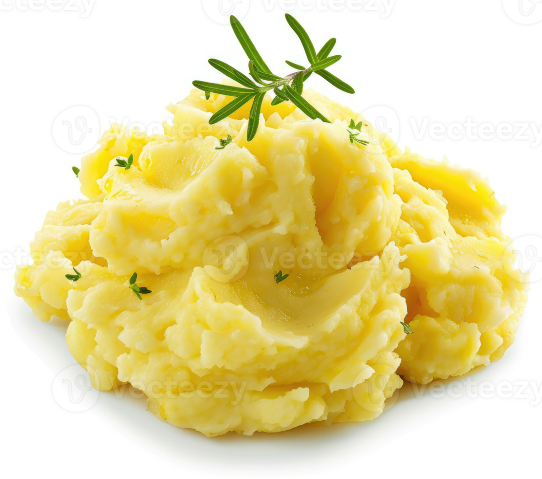 Creamy mashed potatoes garnished with fresh herbs. png