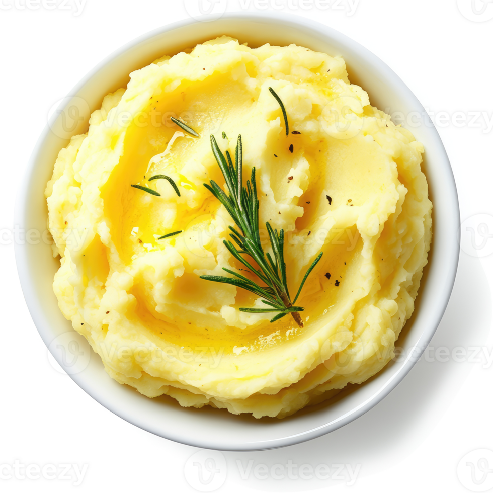 Creamy rosemary mashed potatoes in a white bowl. png