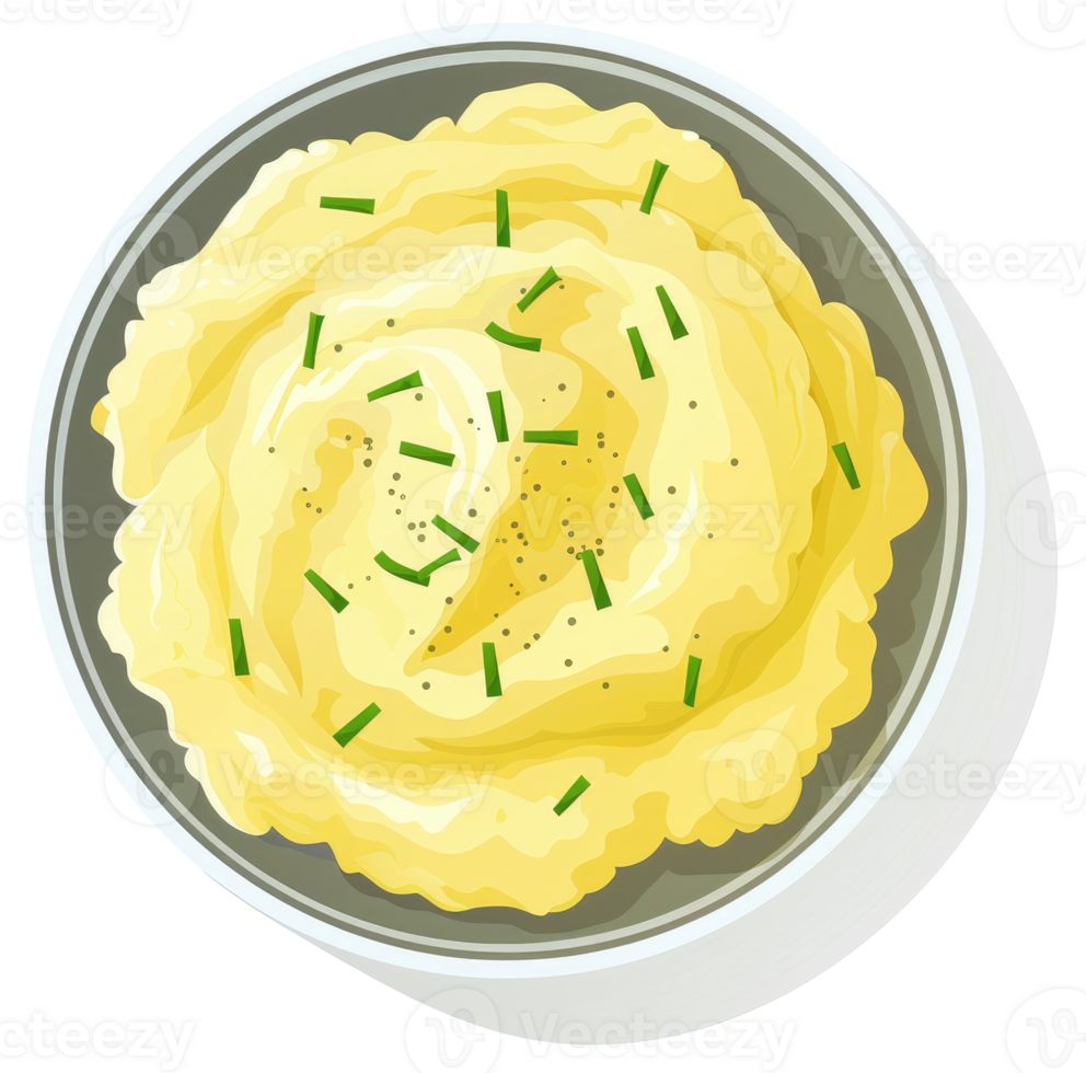 Creamy mashed potatoes topped with fresh chives and seasoning in a bowl. png