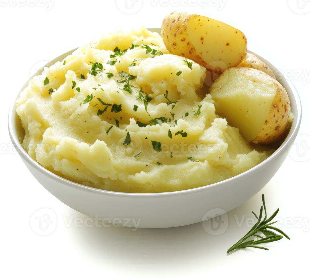 Creamy mashed potatoes topped with fresh herbs and served alongside roasted potatoes. png