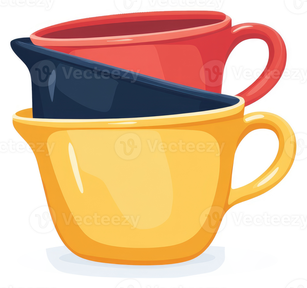 A stack of colorful cartoon mugs in vibrant red, dark blue, and yellow. png
