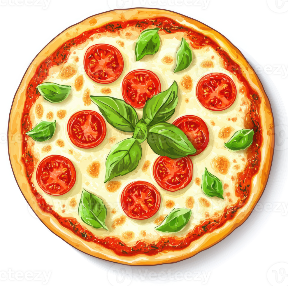 A delicious pizza topped with fresh tomatoes and basil. png