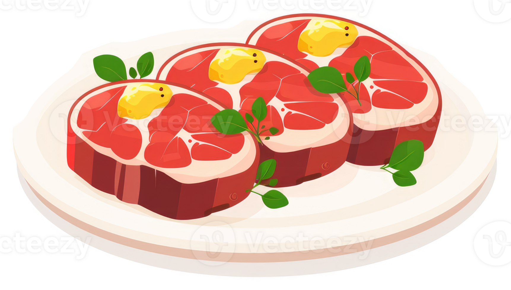 Three slices of seasoned meat on a plate, garnished with fresh herbs. png
