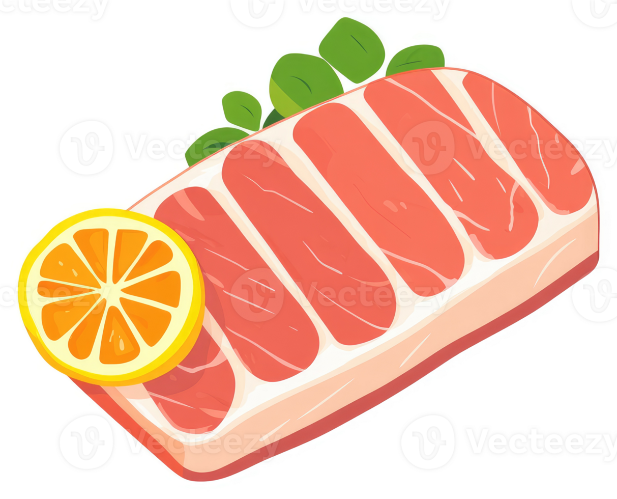 A slice of fresh, vibrant, and delicious raw fish with a lemon garnish. png