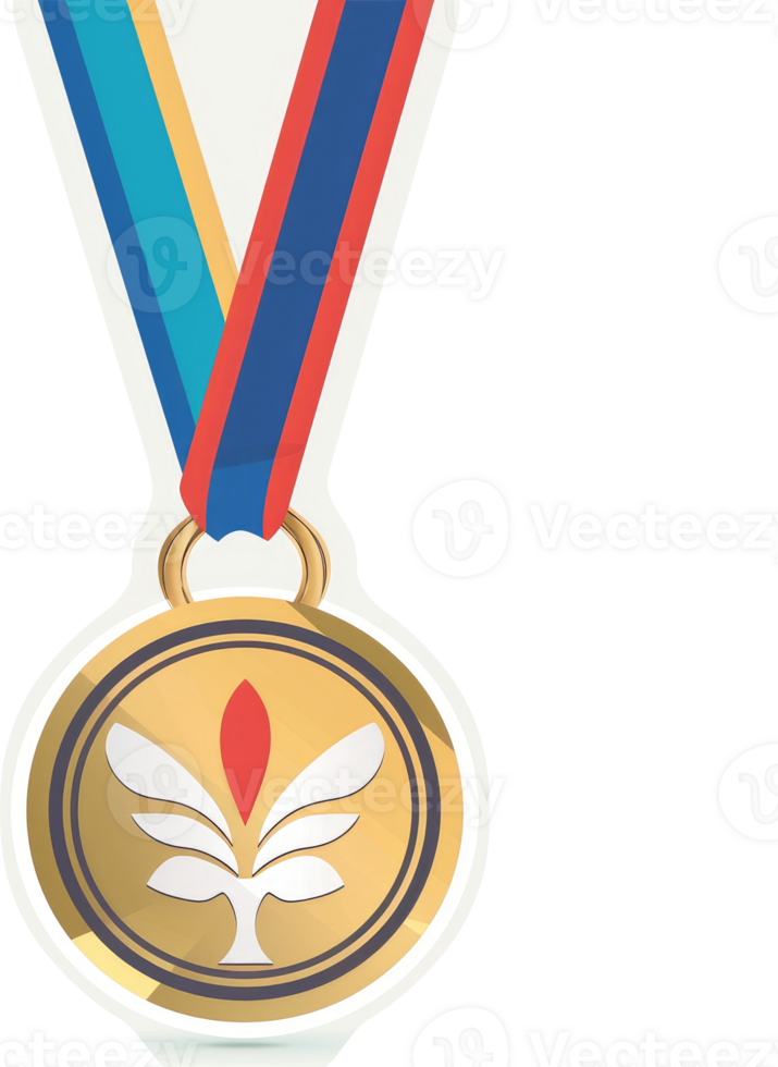 A golden medal with a stylized floral design and colorful ribbon. png